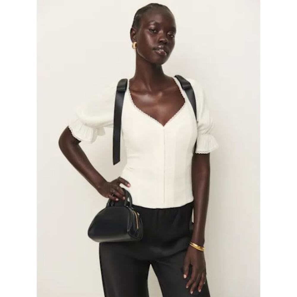 Reformation Inara Top Cropped Smocked Lace Trim Bow Shoulders Gossamer Size 6 - Picture 4 of 8